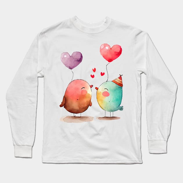 Love Birds with Heart Balloons Watercolor Design Long Sleeve T-Shirt by Vooble